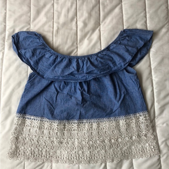 Lucky Brand Blue Off-Shoulder Blouse with White Lace - Picture 1 of 3